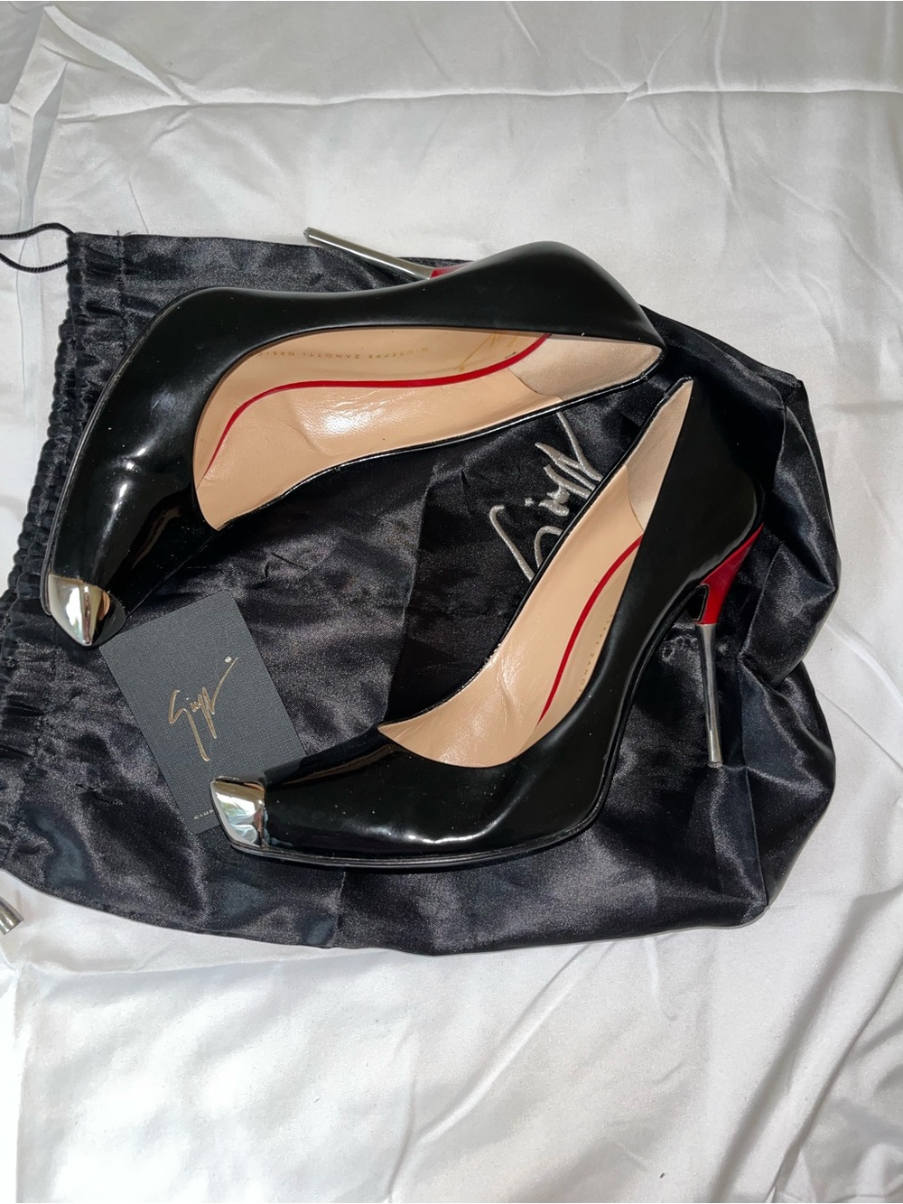 Giuseppe Zanotti Black Patent Stiletto Pumps with Silver Cap Toe